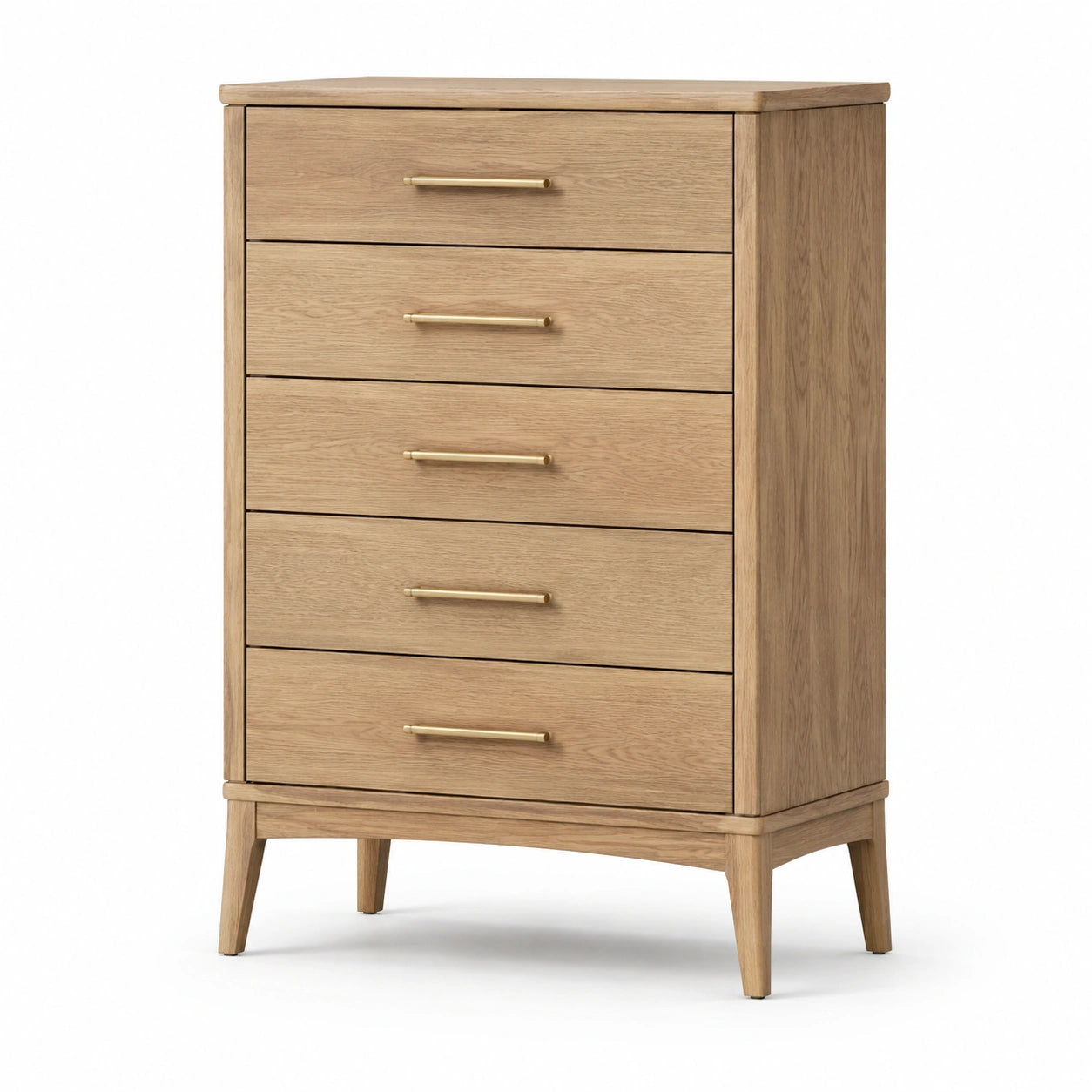 Commode haute à 5 tiroirs, finition chêne naturel et poignées dorées, 80 × 42 × 120 cm