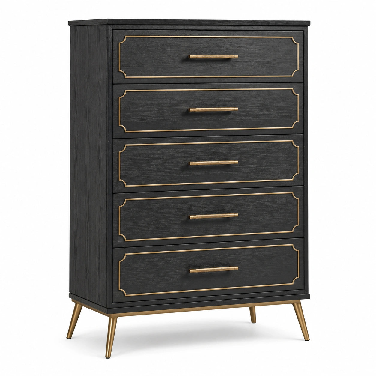 Commode haute à 5 tiroirs noire et dorée, 80 × 40 × 120 cm