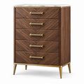 Commode à 5 tiroirs 85 × 45 × 120 cm, finition bois brun, plateau blanc aspect marbre et détails dorés