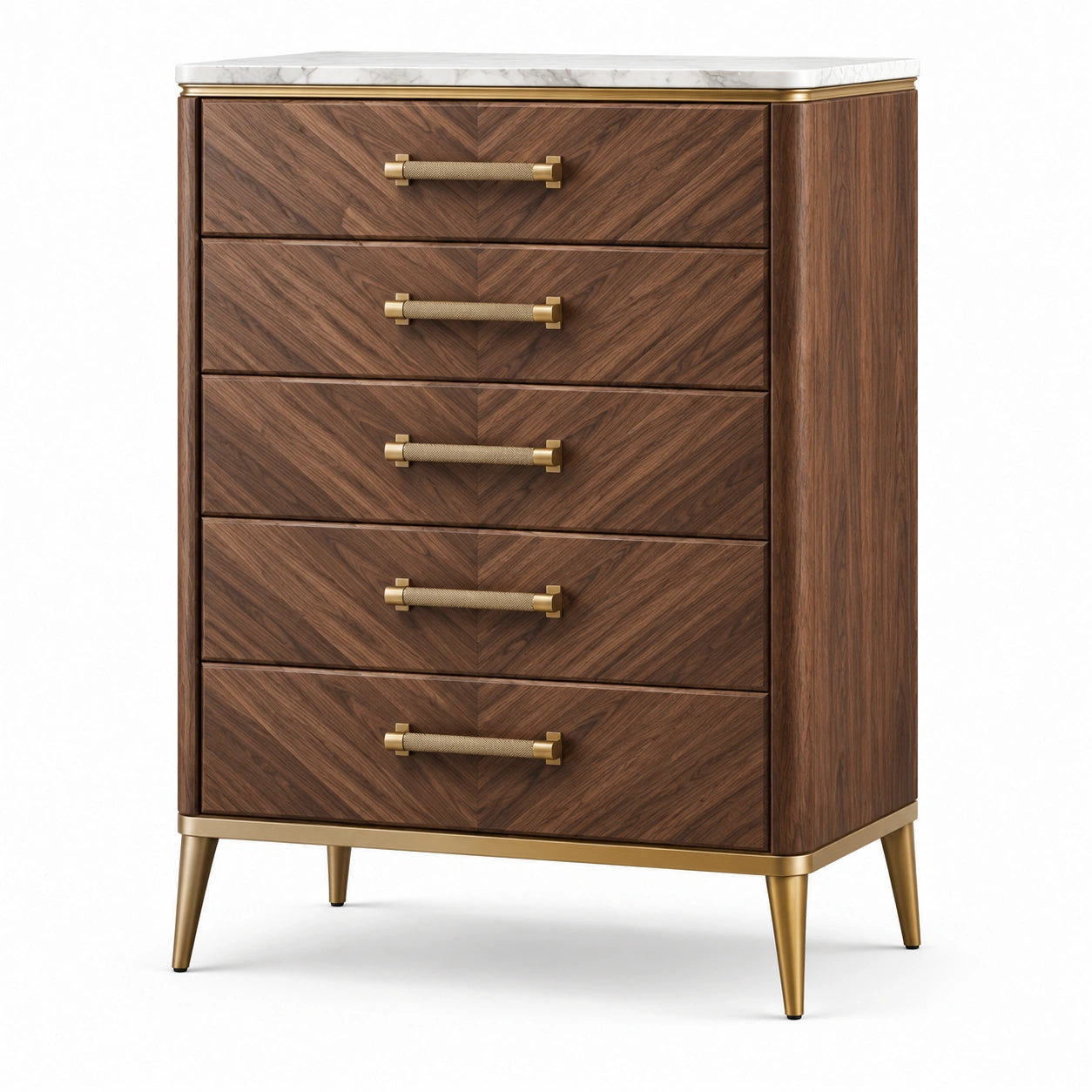 Commode à 5 tiroirs 85 × 45 × 120 cm, finition bois brun, plateau blanc aspect marbre et détails dorés
