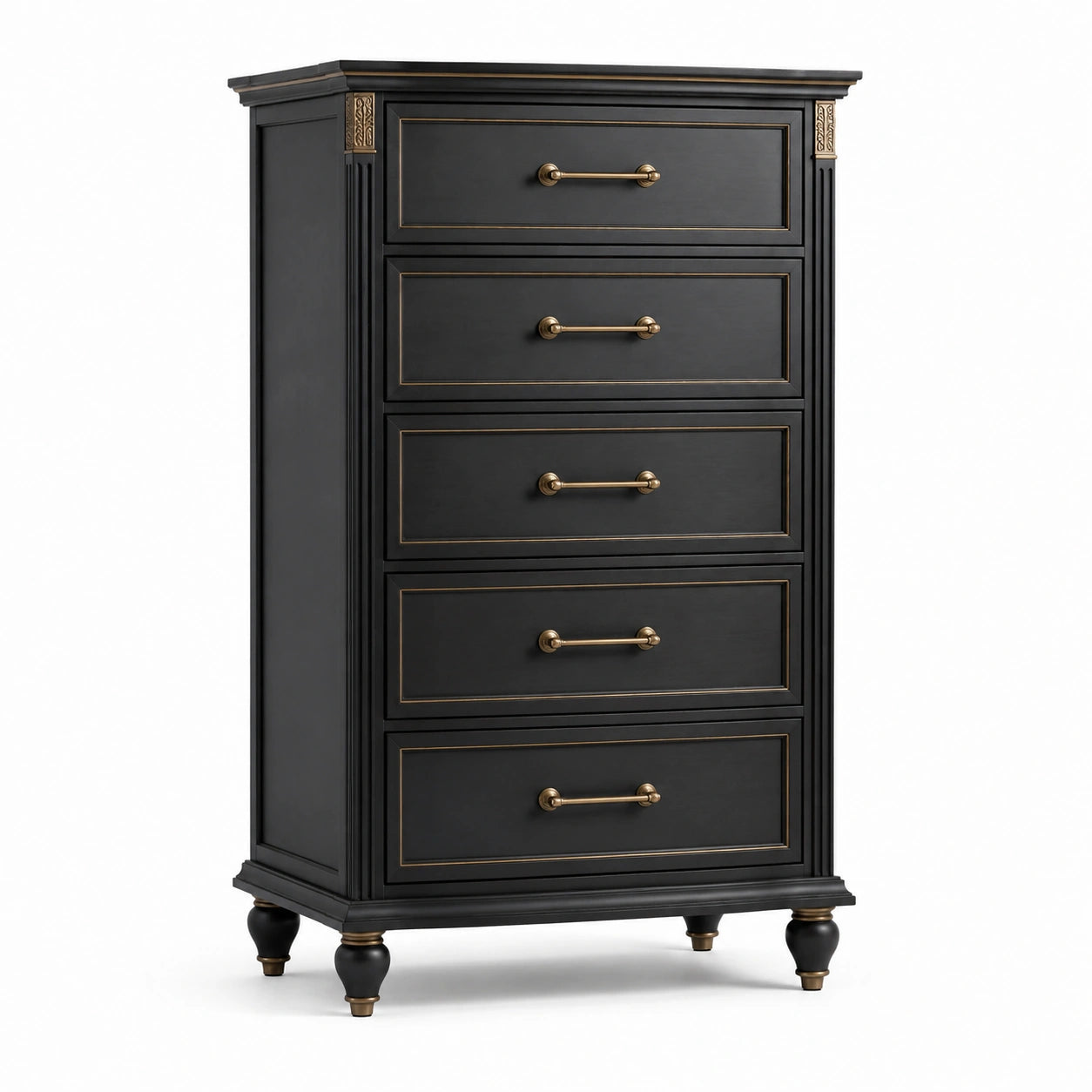 Commode haute à 5 tiroirs en bois noir avec détails dorés, style classique, 80 × 45 × 135 cm