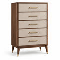 Commode haute rétro à 5 tiroirs, effet noyer, beige et doré, 80 × 42 × 120 cm