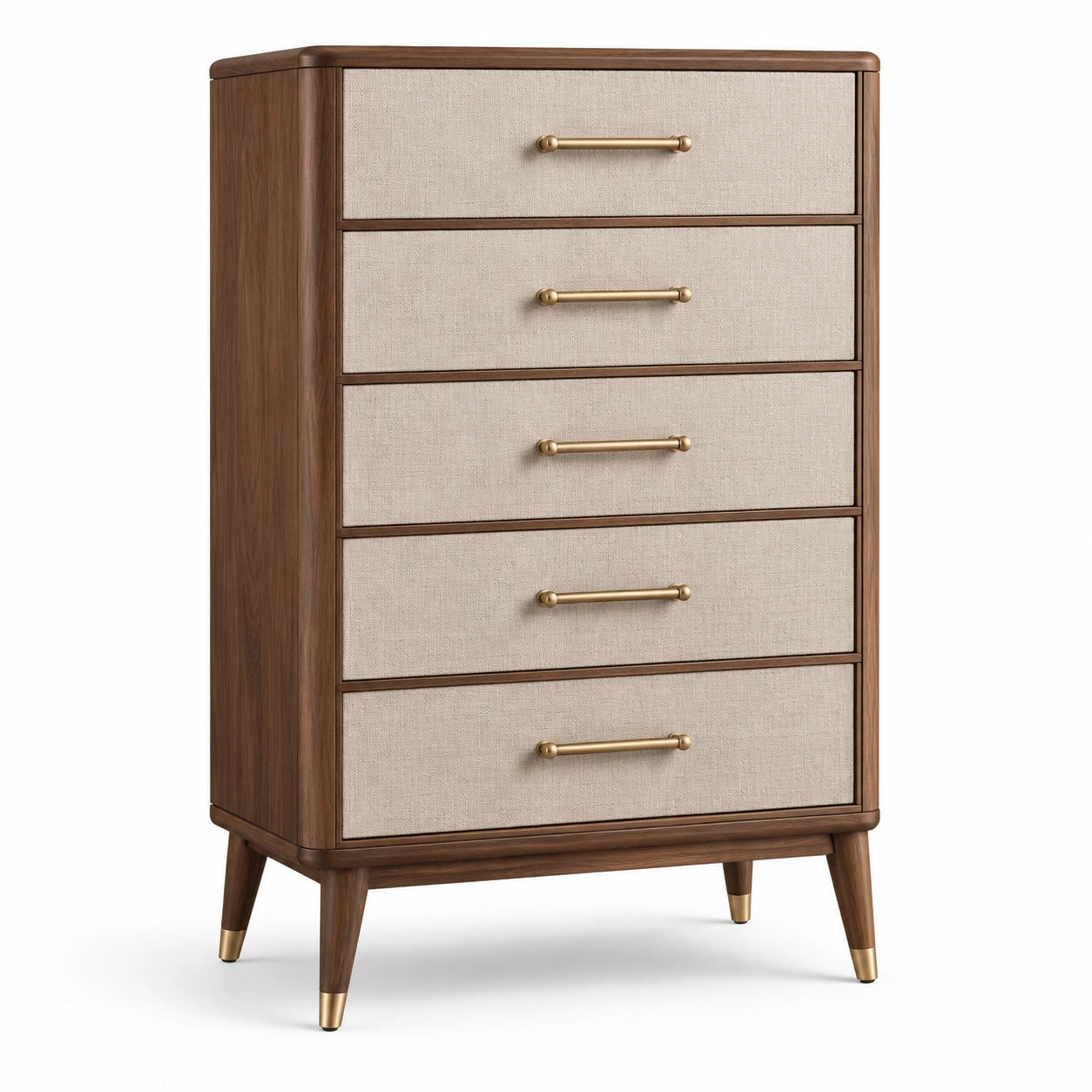 Commode haute rétro à 5 tiroirs, effet noyer, beige et doré, 80 × 42 × 120 cm