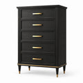Commode haute à 5 tiroirs en bois noir avec poignées dorées, 80 × 45 × 125 cm