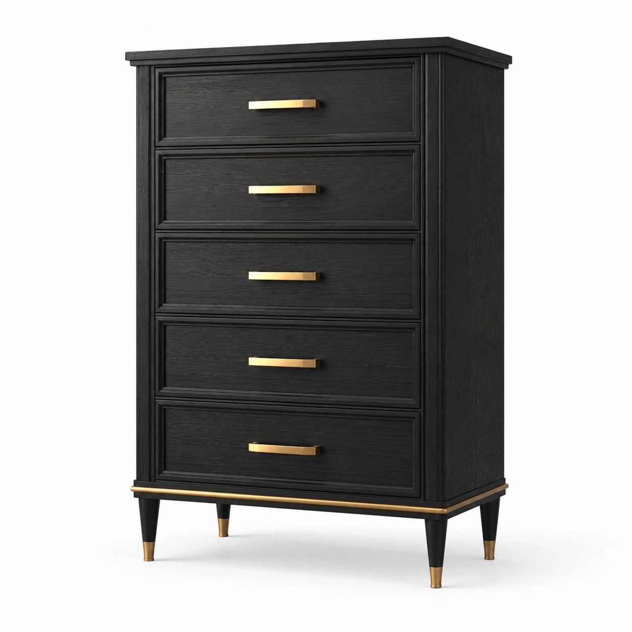 Commode haute à 5 tiroirs en bois noir avec poignées dorées, 80 × 45 × 125 cm