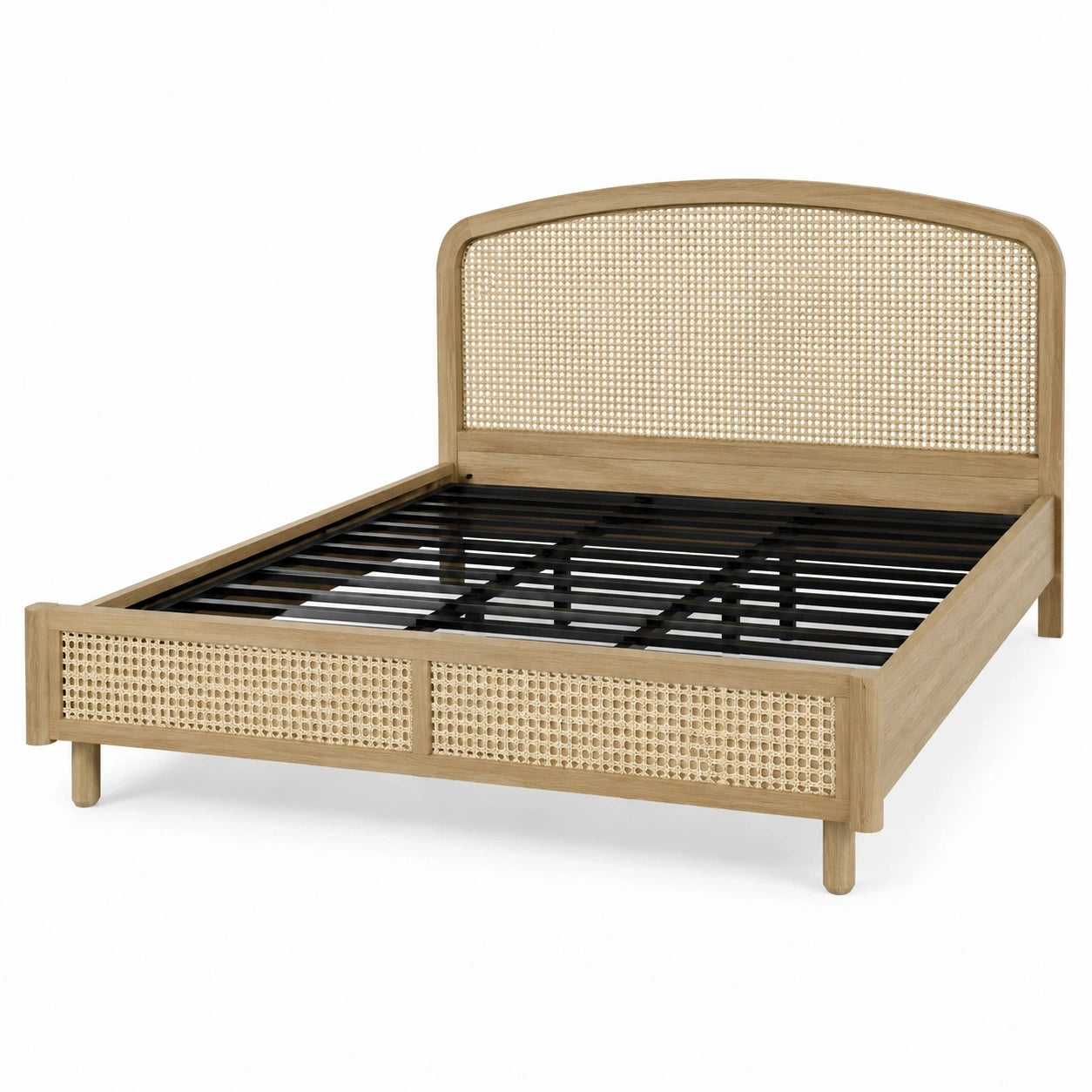 Lit double en bois naturel et cannage avec sommier à lattes métalliques, couchage 160 × 200 cm, dimensions 216 × 168 × 120 cm