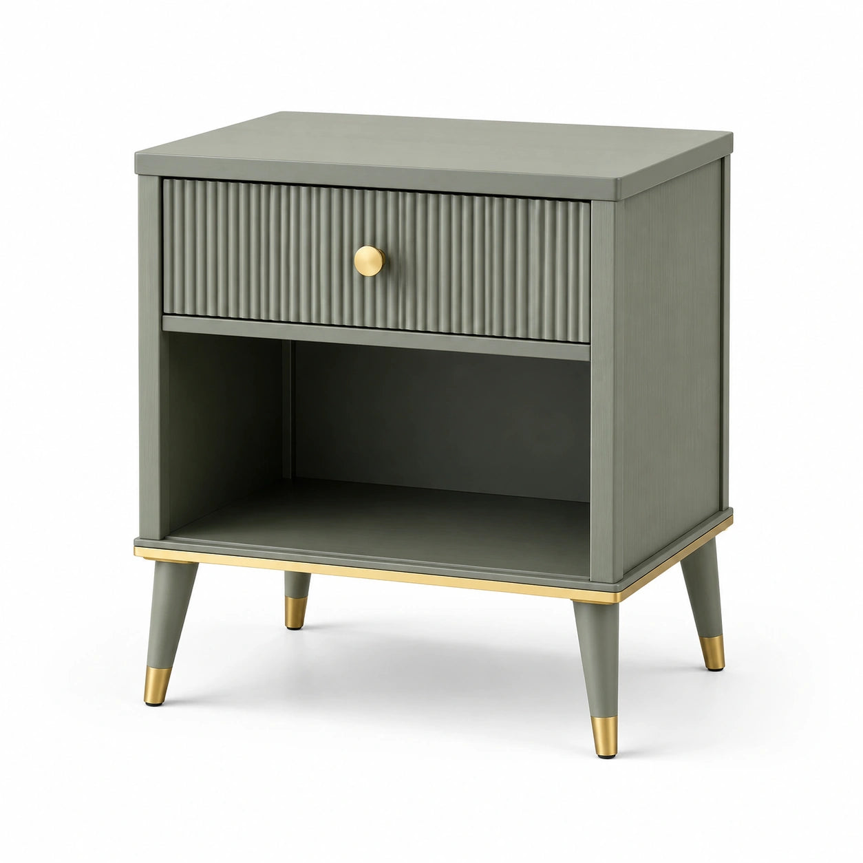 Table de chevet moderne vert sauge et doré avec tiroir et niche ouverte, 50 × 40 × 60 cm