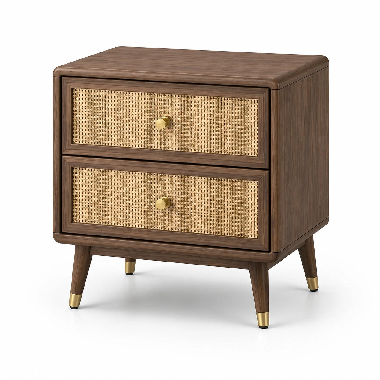 Table de chevet brune avec cannage naturel, 2 tiroirs, 50 × 40 × 60 cm