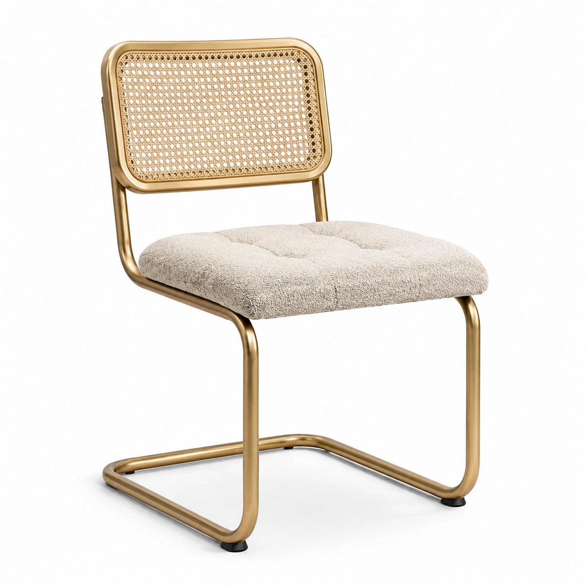 Chaise rétro en métal doré avec dossier en cannage et assise rembourrée beige, 52 × 57 × 82 cm