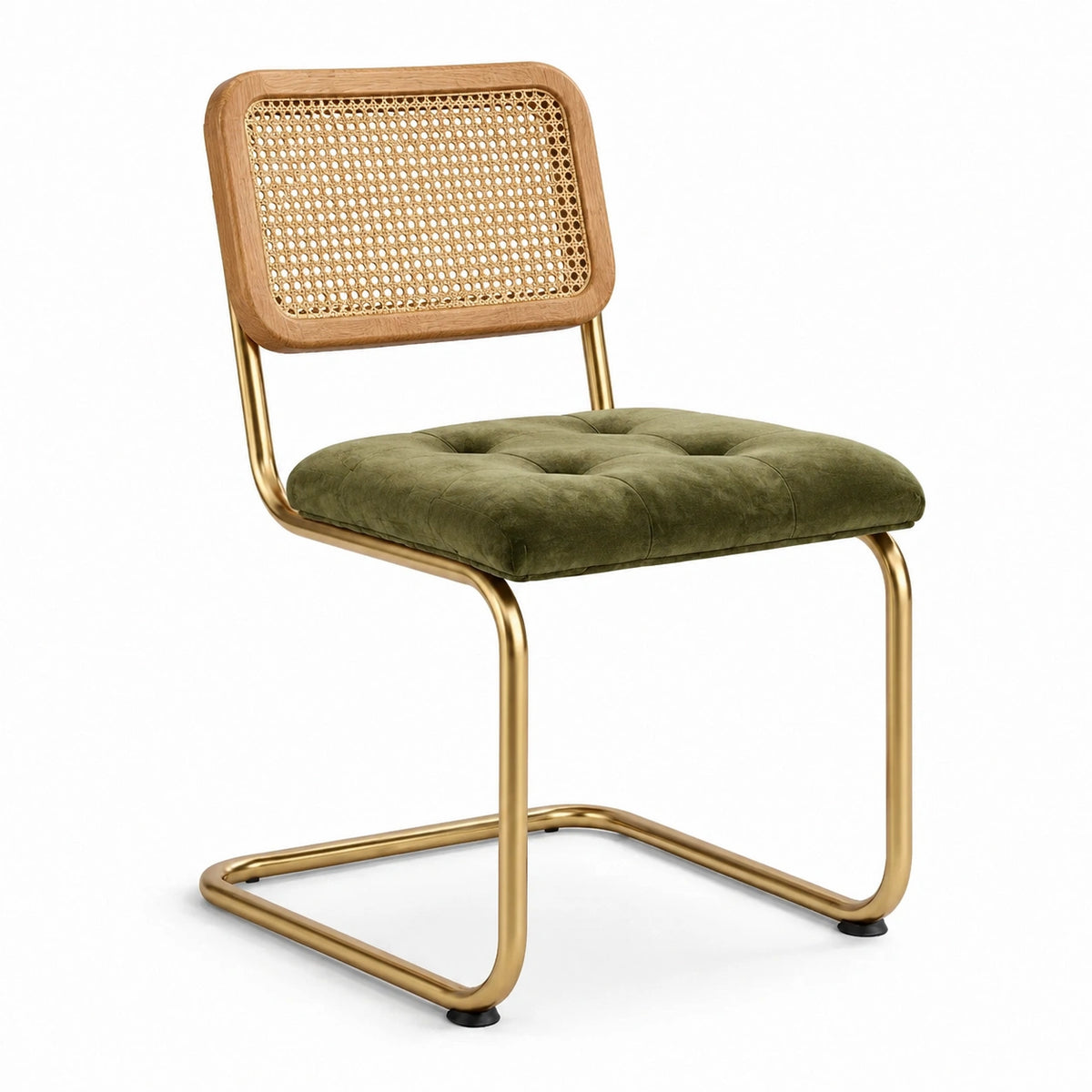 Chaise en velours vert avec cannage naturel et piètement en métal doré, 55 × 58 × 82 cm