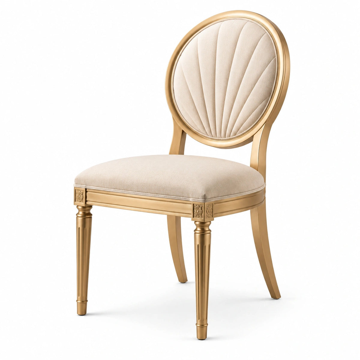 Chaise classique en bois doré et tissu beige avec dossier rembourré, 50 × 56 × 96 cm