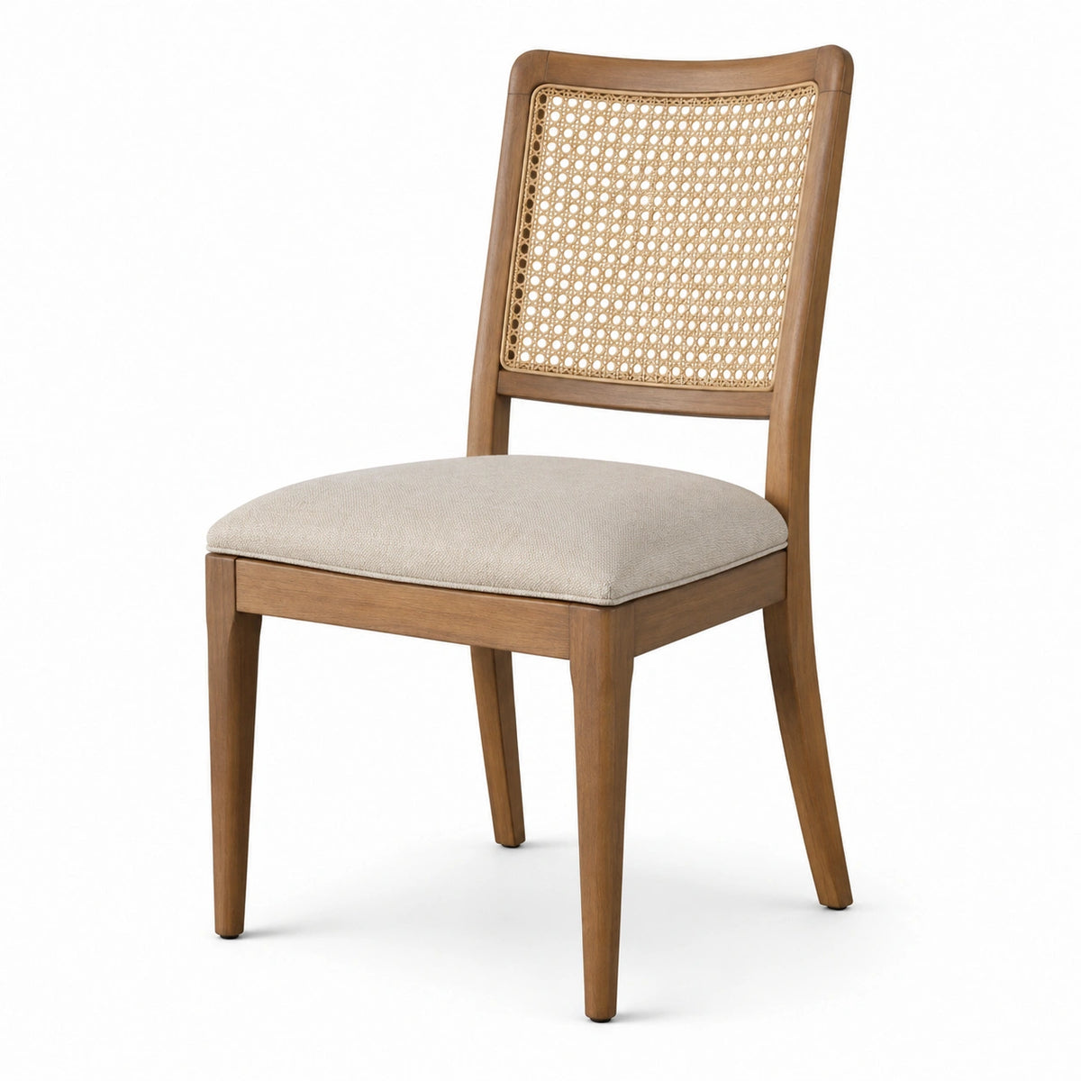 Chaise en bois brun avec cannage naturel et assise en tissu beige, 48 × 54 × 88 cm